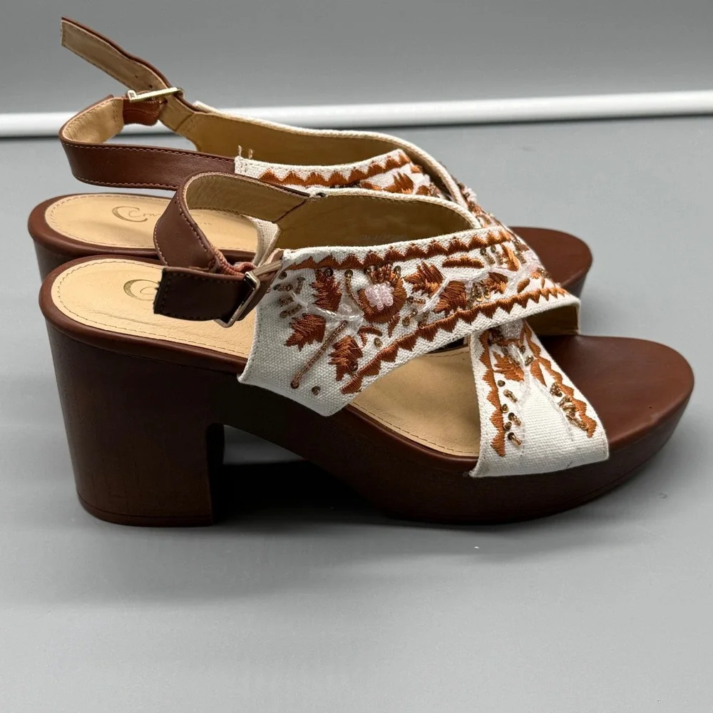 Comfort Plus Embroidered Beaded Platform Block Heel Sandals Slingback Women's 9